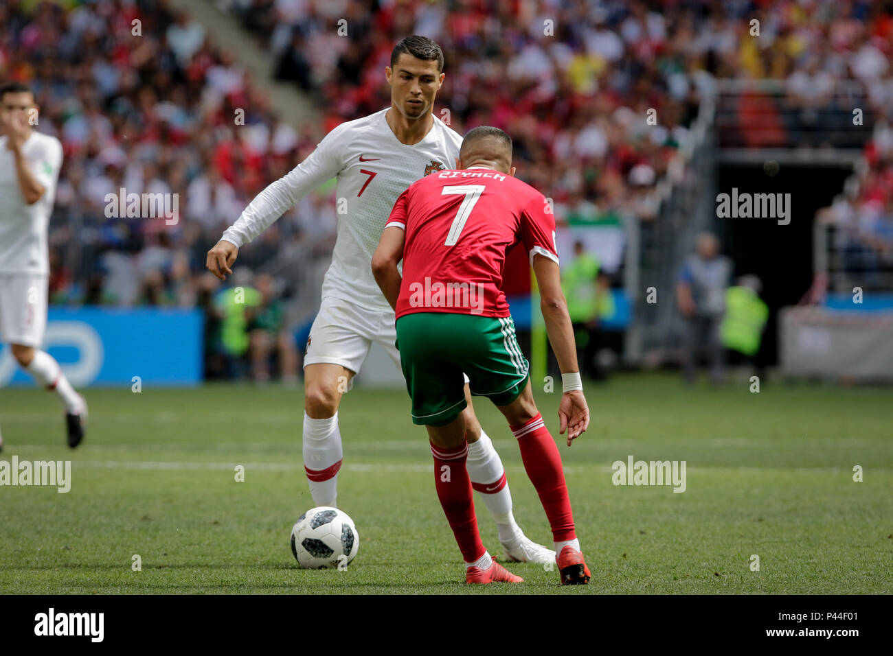 Moscow, Russia. 20th June, 2018. Cristiano Ronaldo of Portugal and Hakim Ziyach during the match between Portugal and Morocco, valid for the second round of group B of the 2018 World Cup, held at the Luzhniki Stadium in Moscow, Russia. Portugal wins over Morocco 1-0. Credit: Thiago Bernardes/Pacific Press/Alamy Live News Stock Photo