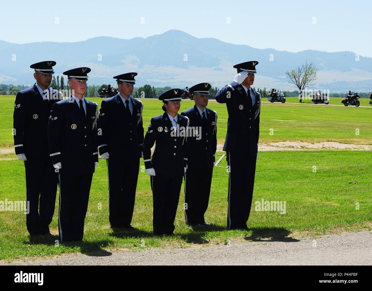 The Malmstrom Air Force Base Honor Guard renders military honors during a funeral service for