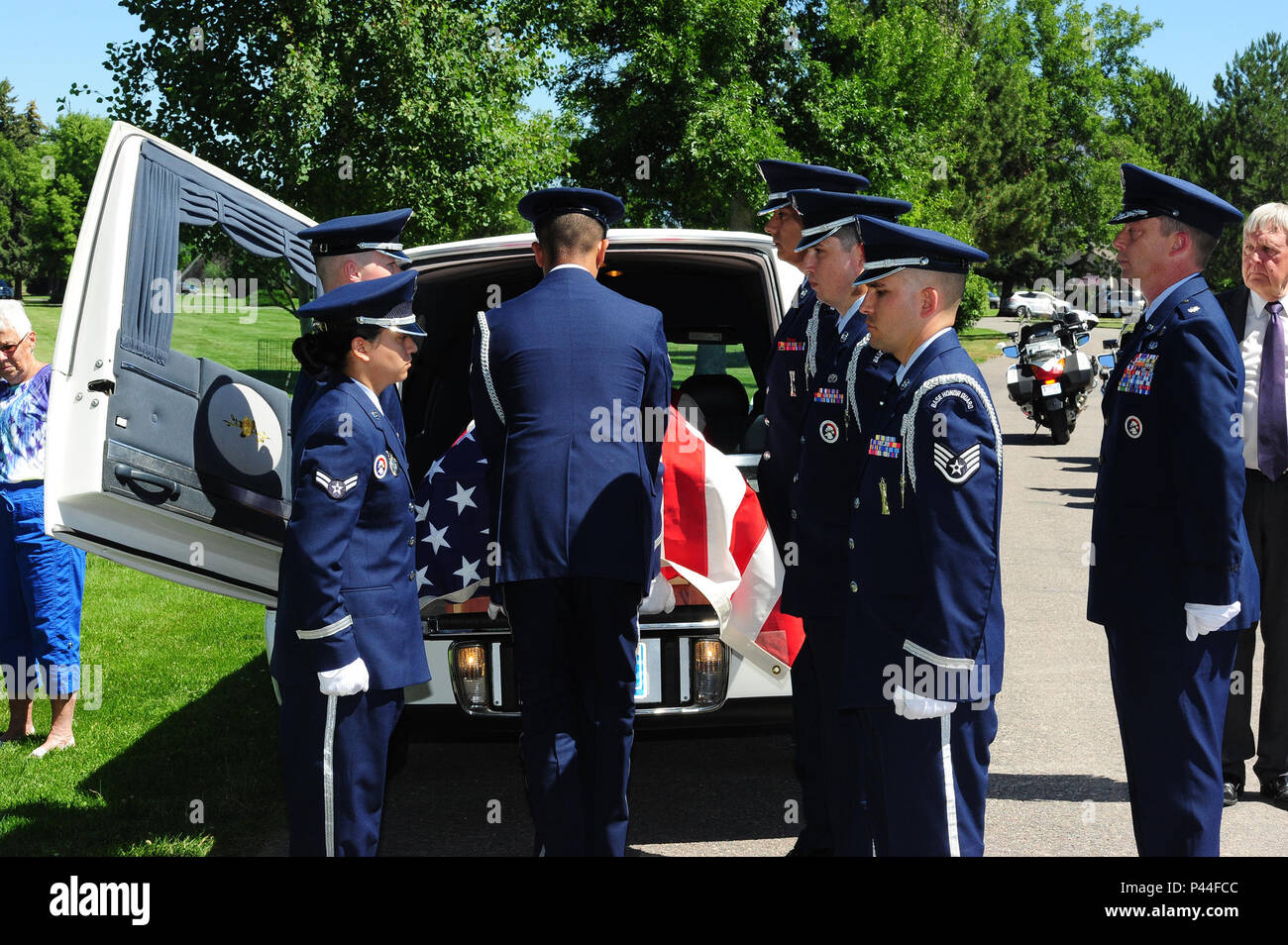 The Malmstrom Air Force Base Honor Guard renders military honors during a funeral service for