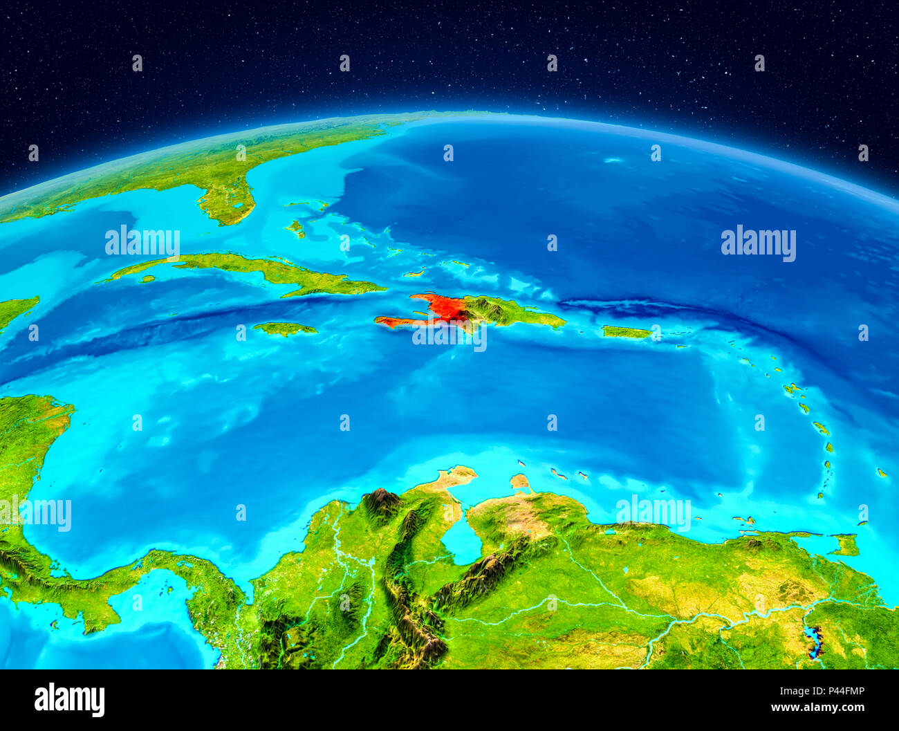 Satellite view of Haiti highlighted in red on planet Earth. 3D ...