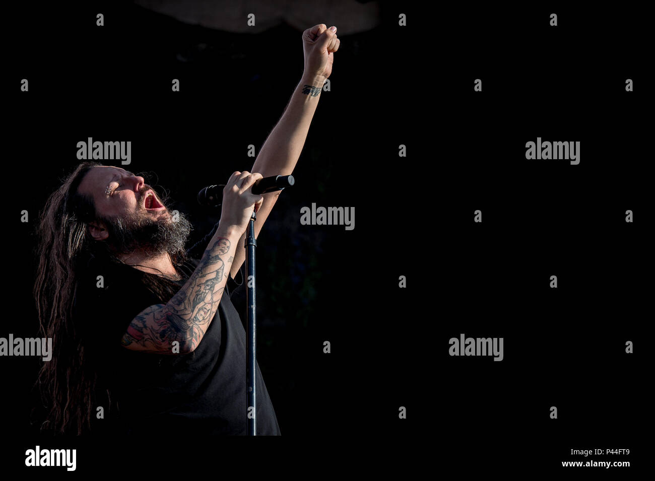 American singer and musician Jonathan Davis best known as the lead vocalist and frontman of Nu Metal band Korn performs live on stage during Firenze R Stock Photo