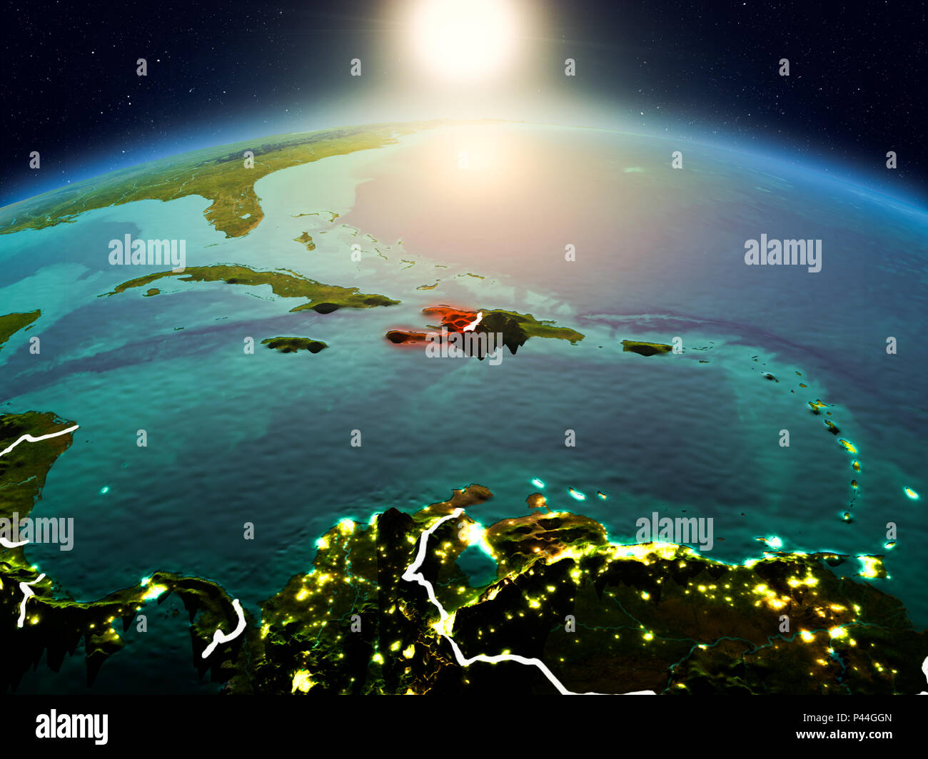 Sunrise above Haiti highlighted in red on model of planet Earth in ...
