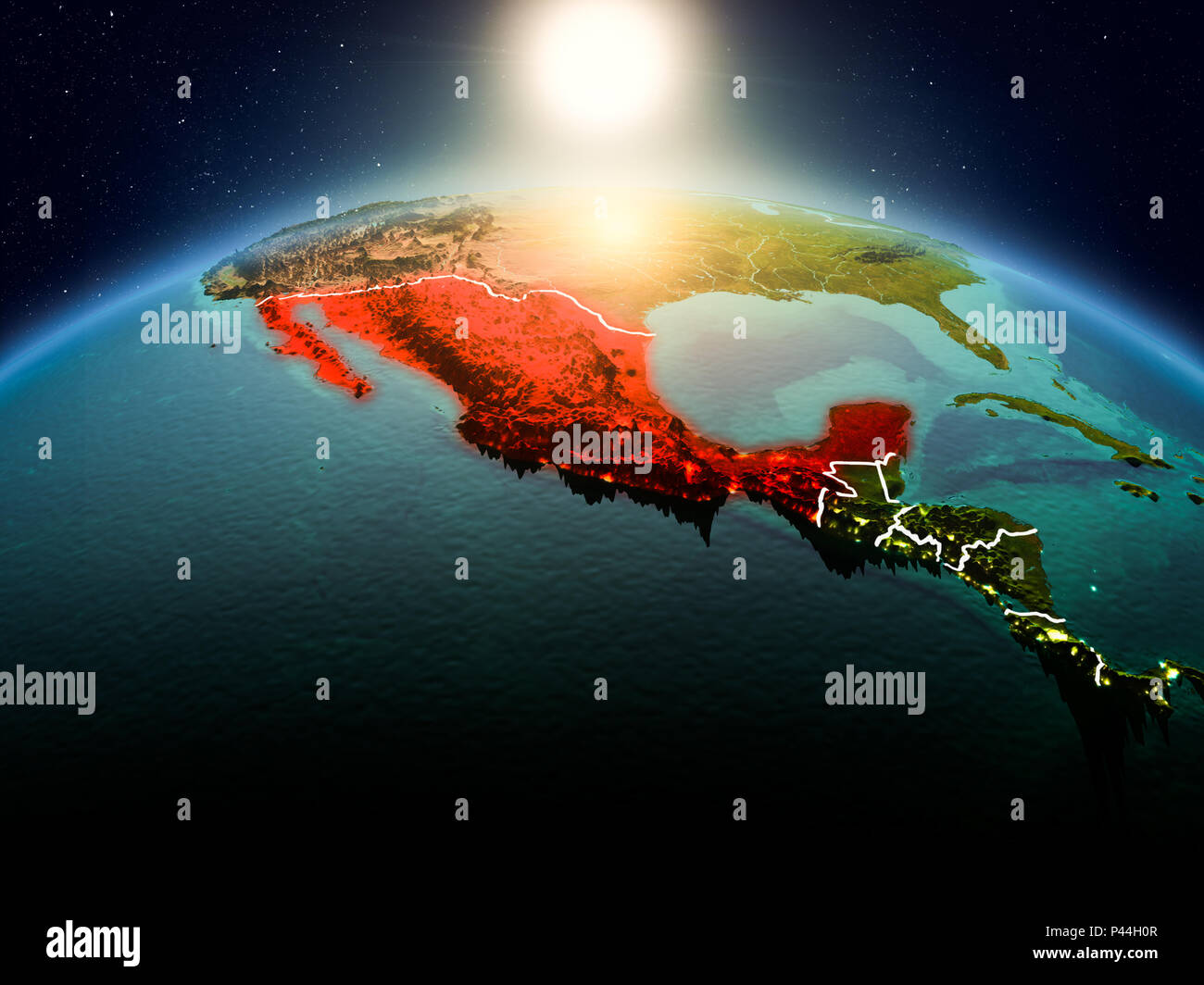 Sunrise above Mexico highlighted in red on model of planet Earth in ...