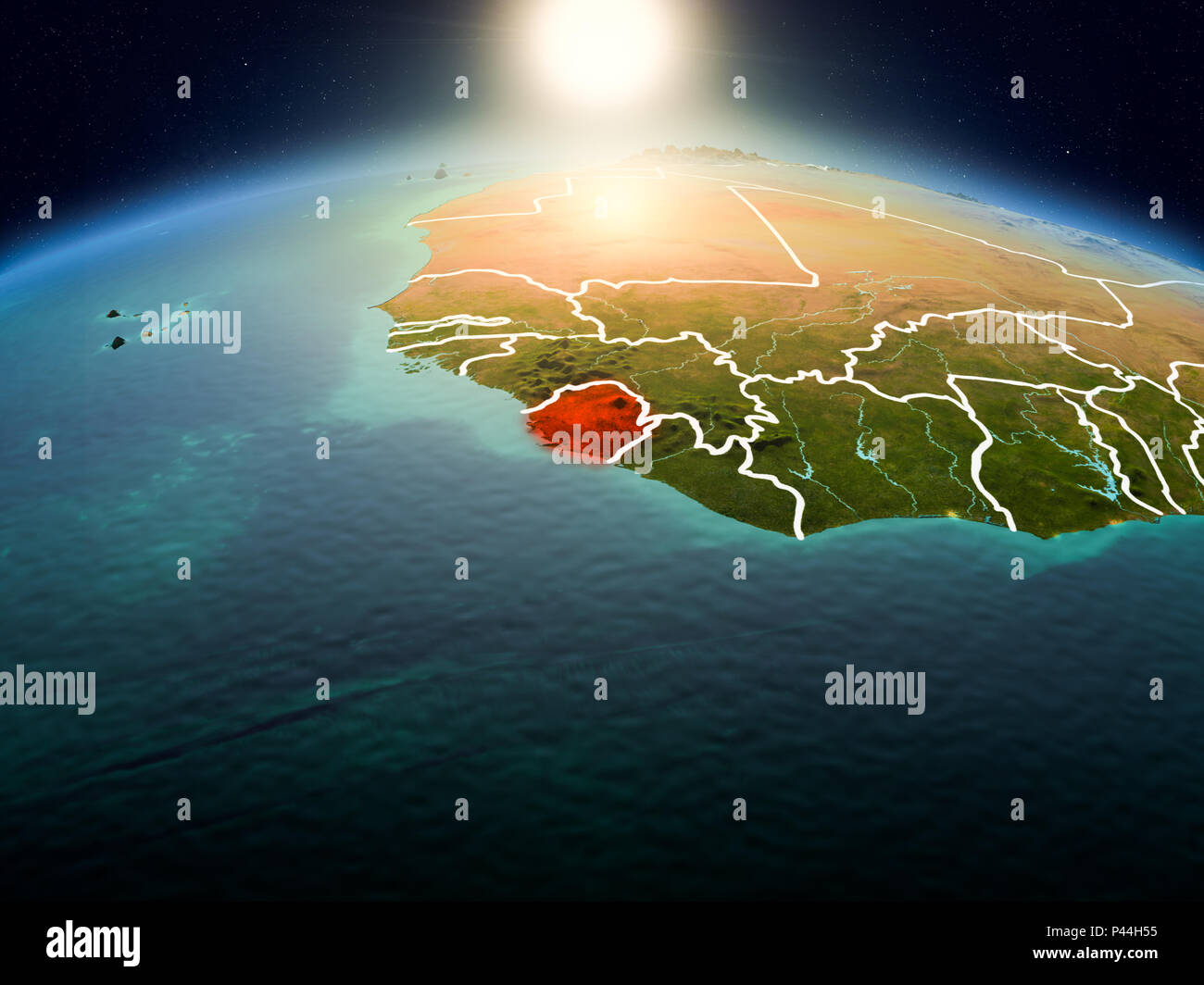 Sunrise above Sierra Leone highlighted in red on model of planet Earth ...