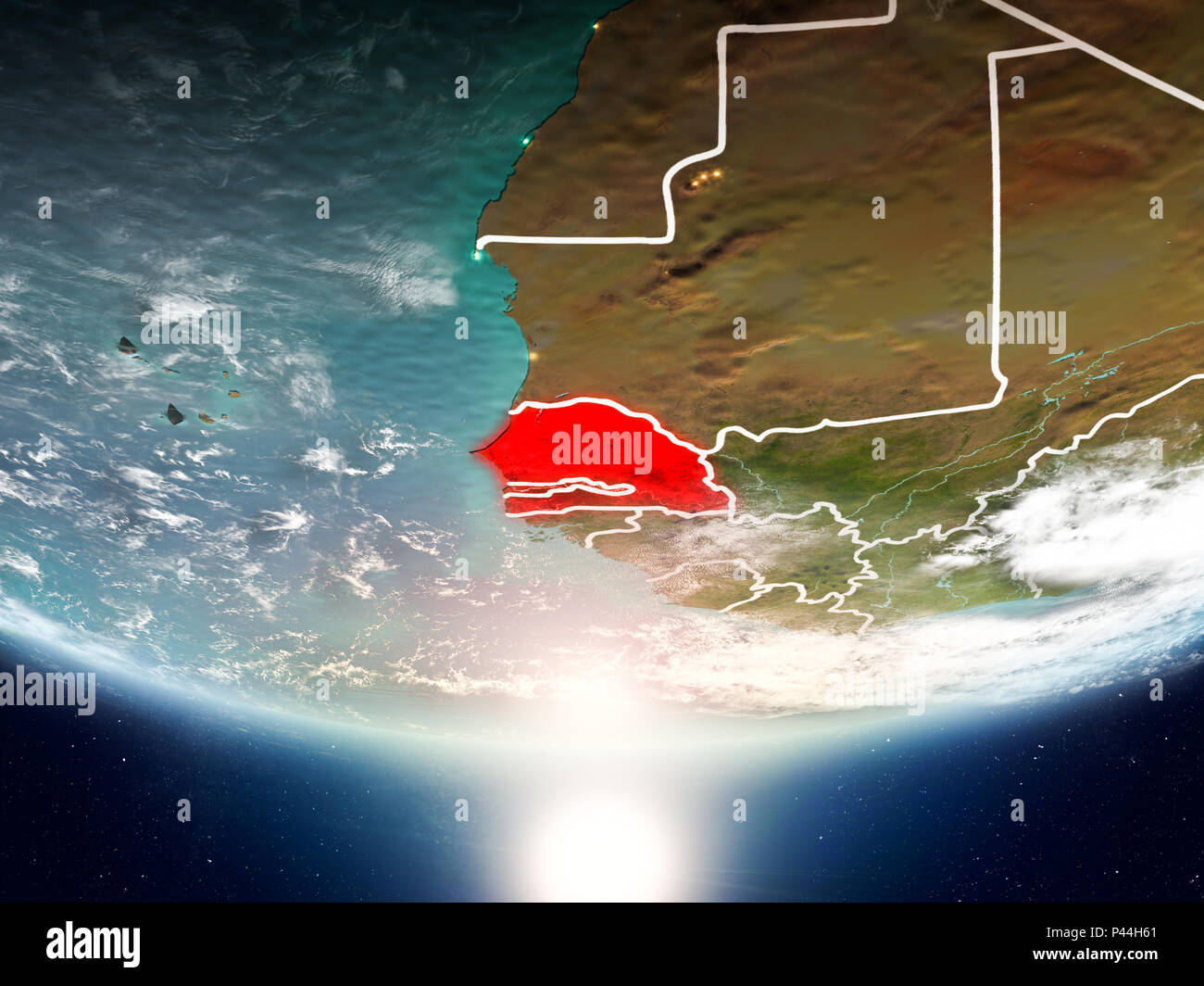 Senegal from orbit of planet Earth in sunrise with highly detailed ...