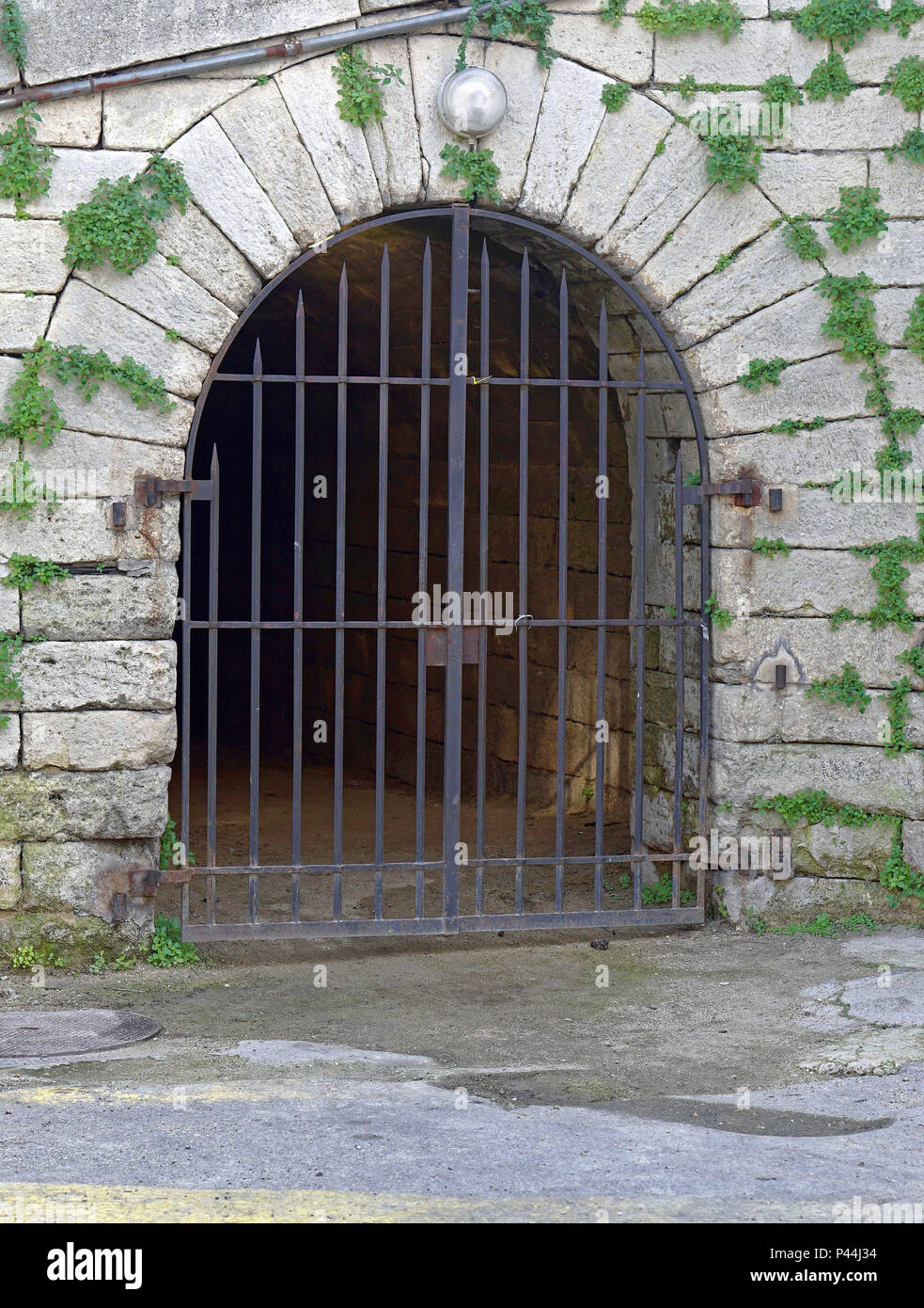 Stone arch doorway with iron bars door Stock Photo Alamy