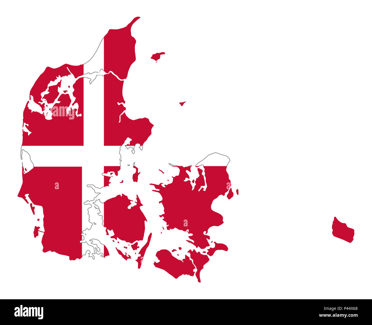 Flag of Denmark in country silhouette. Danish national state ensign, a white Scandinavian Cross on a red field. Kingdom and Nordic country in Europe. Stock Photo