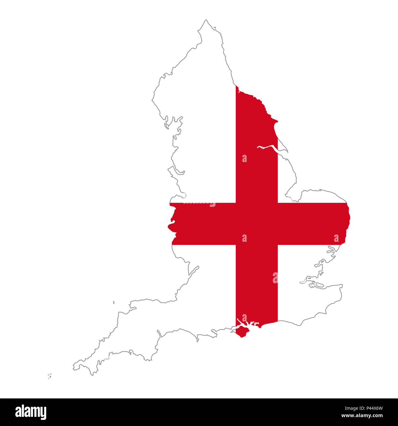 Flag of England in country silhouette. A red St George's Cross on a white field. Country and part of United Kingdom and island Great Britain, Europe. Stock Photo