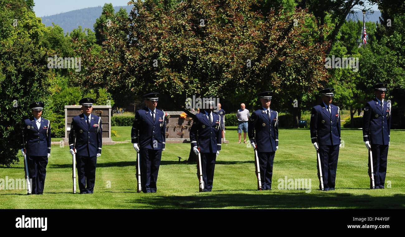 The Malmstrom Air Force Base Honor Guard renders military honors during a funeral service for