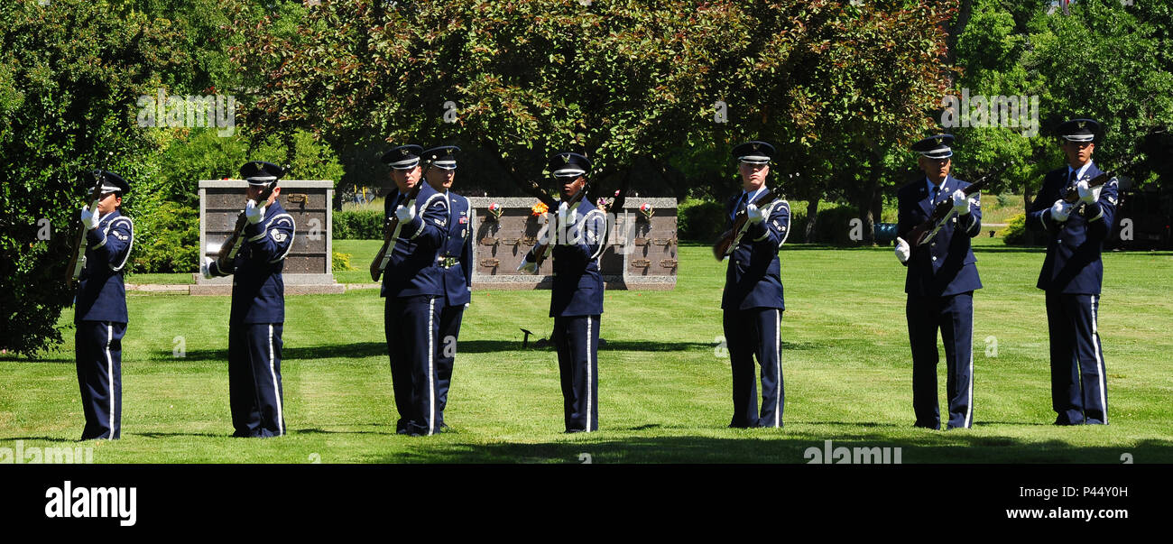 The Malmstrom Air Force Base Honor Guard renders military honors during a funeral service for