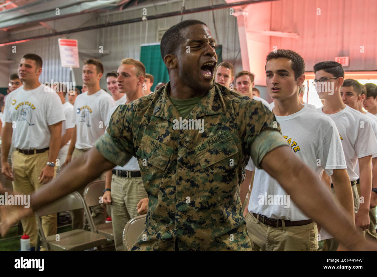 U.S. Marine Corps Staff Sgt. William Diaz, a recruiter with Station Buffalo, N.Y., motivates his as part of the American Legion New Boys' State at the Morrisville State University