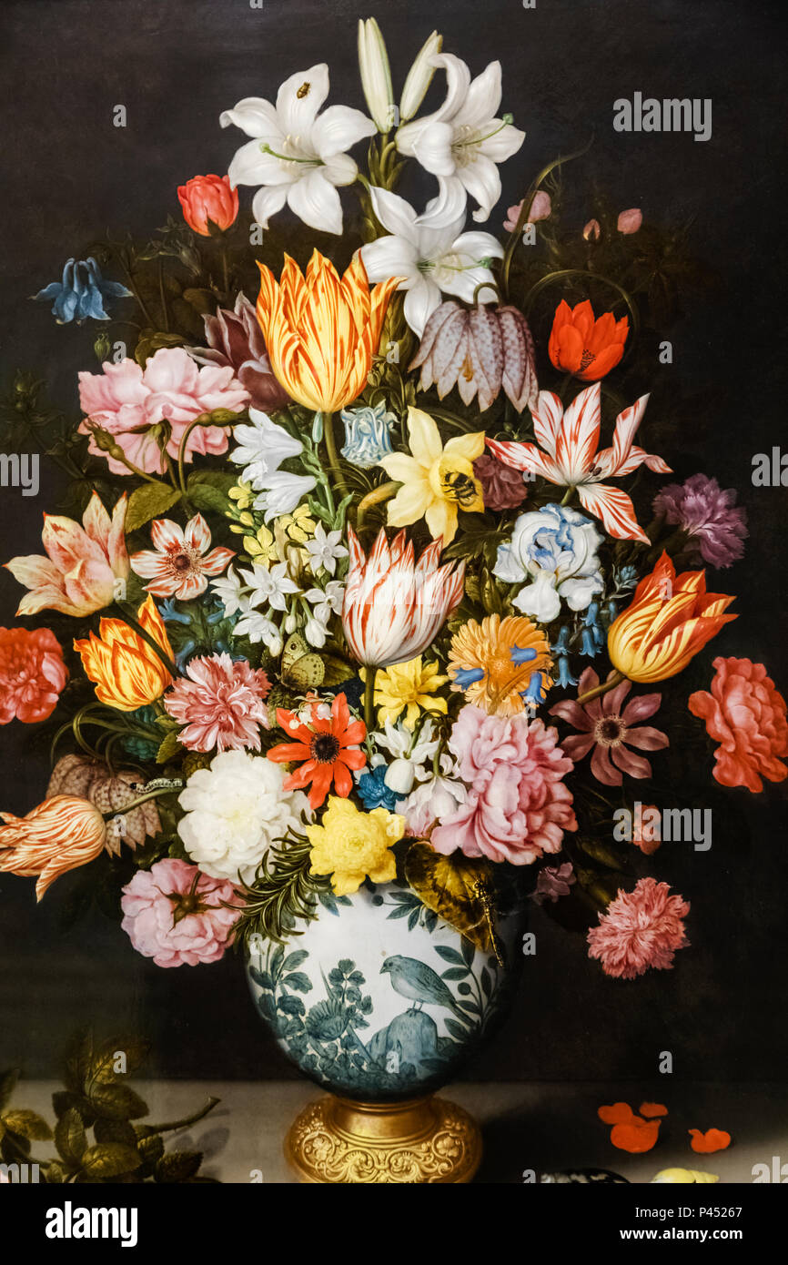 Painting of A Still Life of Flowers in a Wan-Li Vase by Ambrosius Bosschaert the Elder dated 1609 Stock Photo