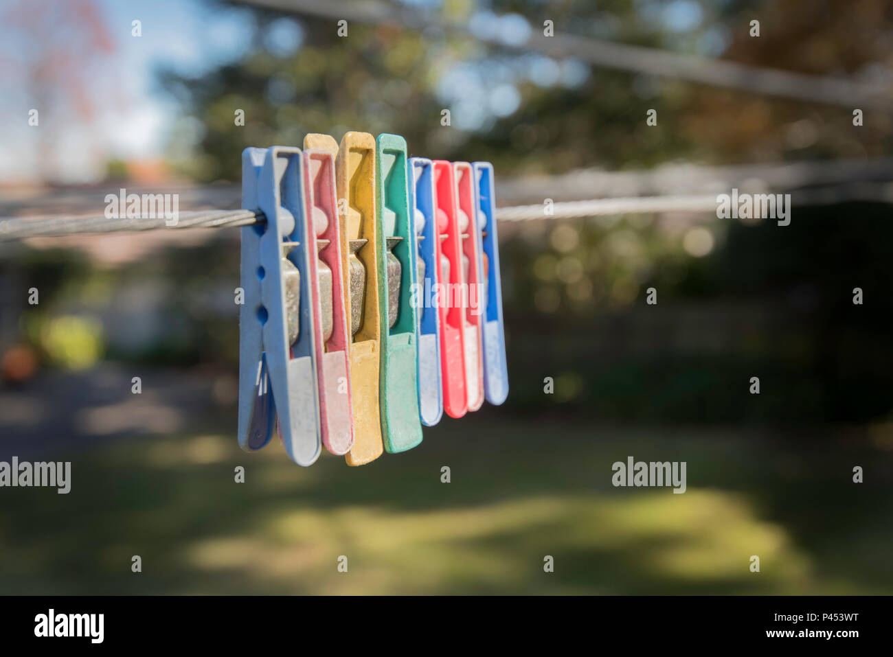 A row of colourful clothes pegs on a Hills Hoist clothes line in an Australian backyard Stock Photo