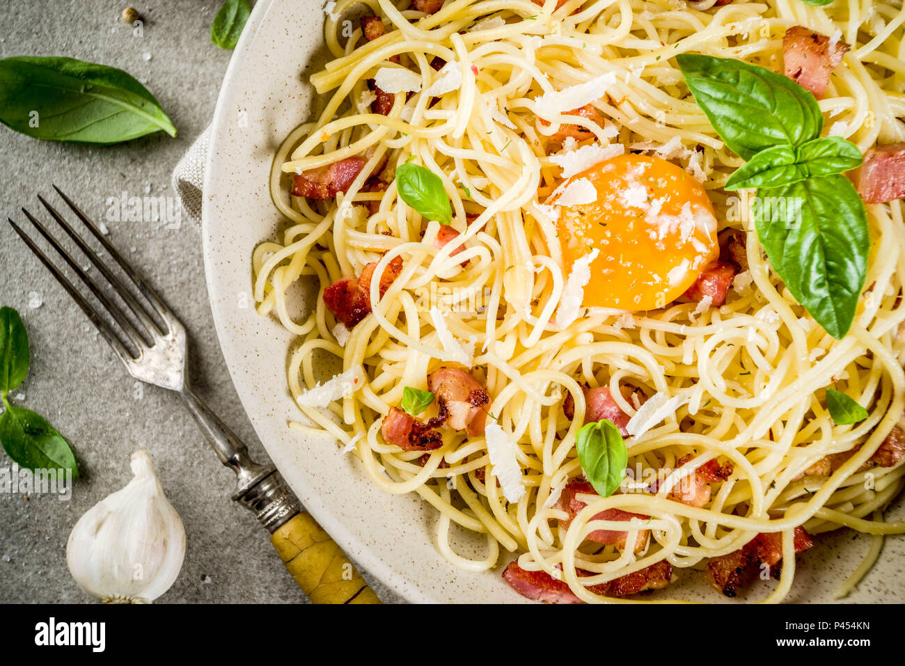 Traditional italian pasta, spaghetti carbonara with bacon, creamy sauce