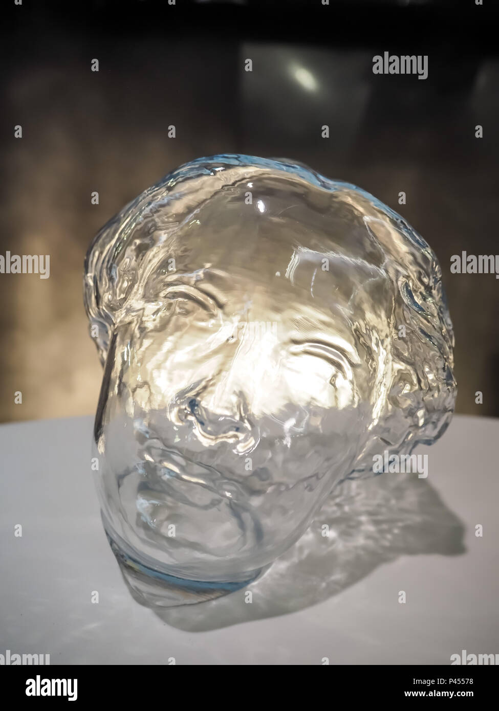 Hannover, Germany - April 2018: 3D printed child's head by DSM Somos using Stereolithography (SLA) technology at the FLAM3D booth at Hannover Messe Stock Photo