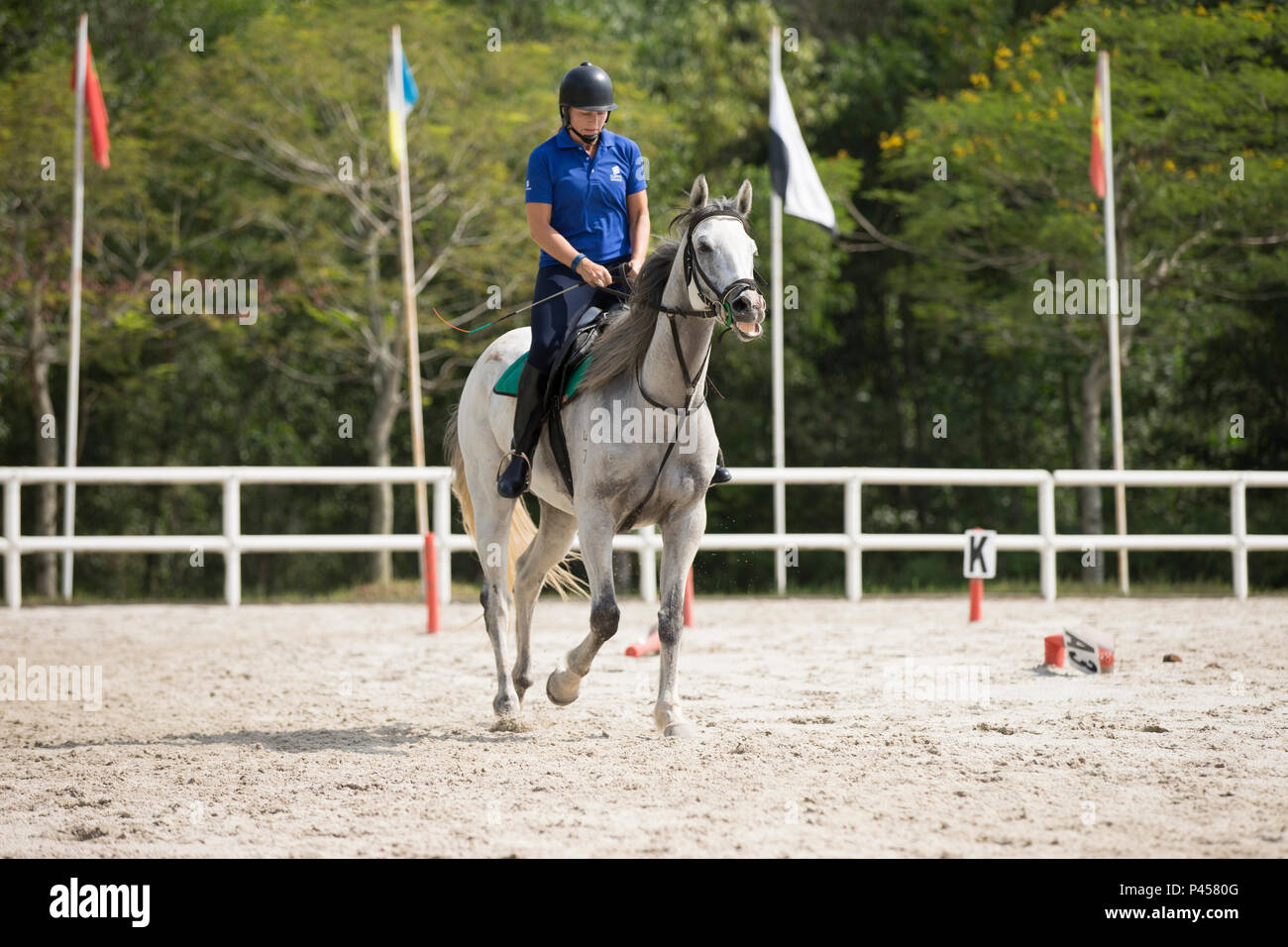A western woman riding her horse around a paddock at a riding school in ...