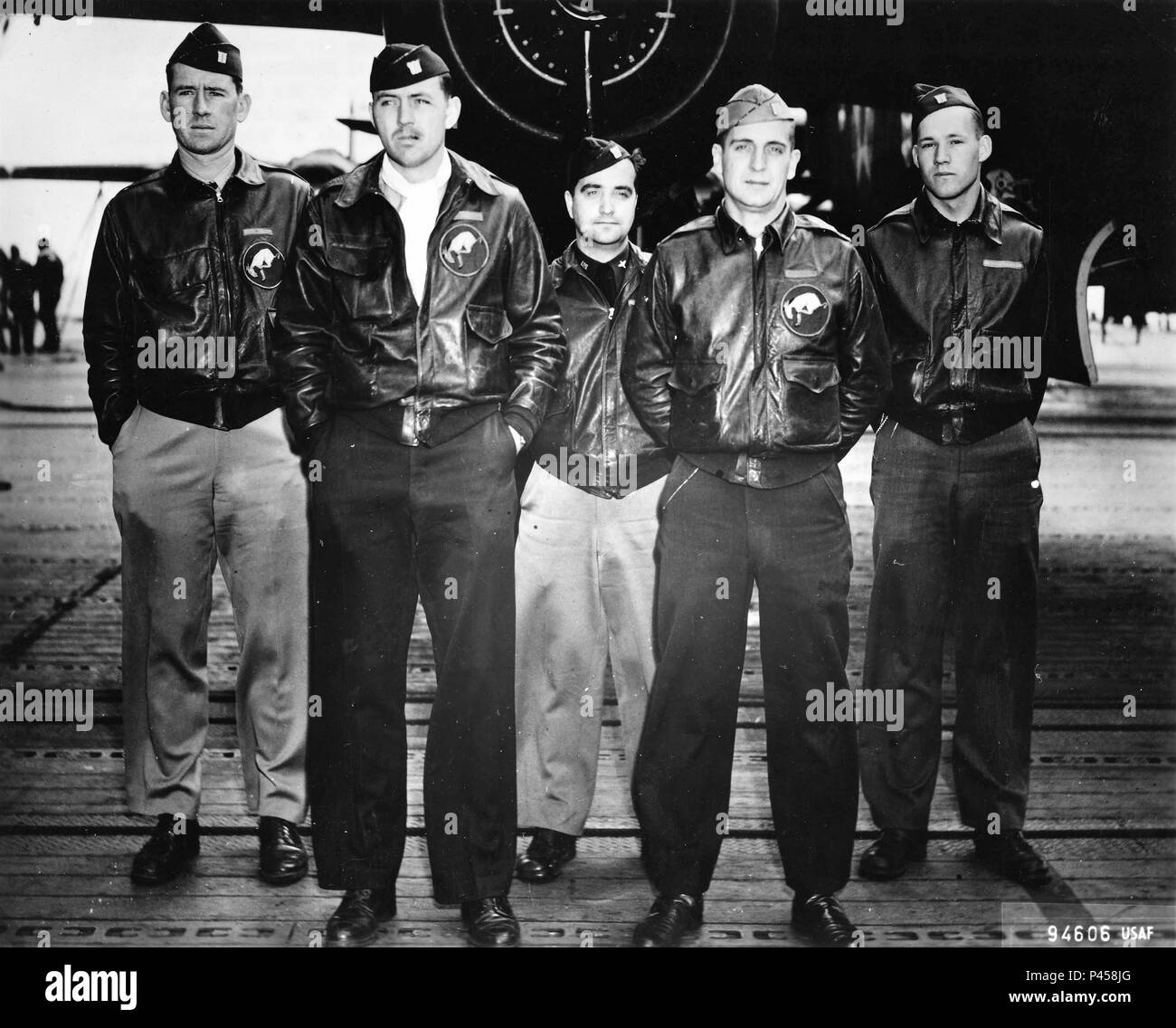 U.S. Army Air Corps Staff Sgt. David Thatcher (fifth from left) with the crew  of the Ruptured Duck, one of 16 B-25 Mitchell bombers that launched off the deck of the aircraft carrier the U.S.S. Hornet and headed to the coast of  Japan to wreak havoc on the Japanese empire April 18, 1942. After dropping its payload, the Ruptured Duck crashed into the China Sea. Thatcher helped save his other four crew members who were seriously hurt and protected them on a beach. (Photo provided courtesy of the Doolittle Tokyo Raiders official website/Released). Stock Photo