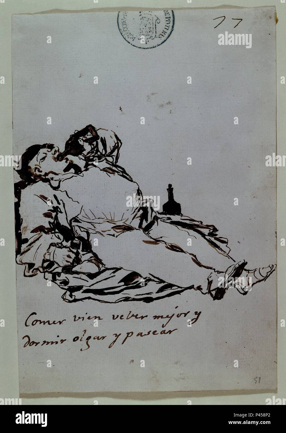 COMER BIEN BEBER MEJOR Y DORMIR OLGAR Y PASEAR - ALBUM C, 77 - SIGLO XIX - AGUADA-SEPIA - 205x142 mm. Author: Francisco de Goya (1746-1828). Location: MUSEO DEL PRADO-DIBUJOS, MADRID, SPAIN. Stock Photo