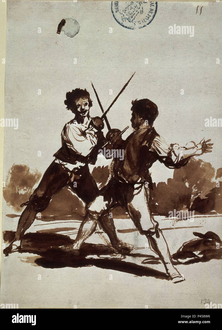 Spanish school. Challenge...on guard. Desafio...en guardia. Drawing. Madrid, Prado museum. Author: Francisco de Goya (1746-1828). Location: MUSEO DEL PRADO-DIBUJOS, MADRID, SPAIN. Stock Photo