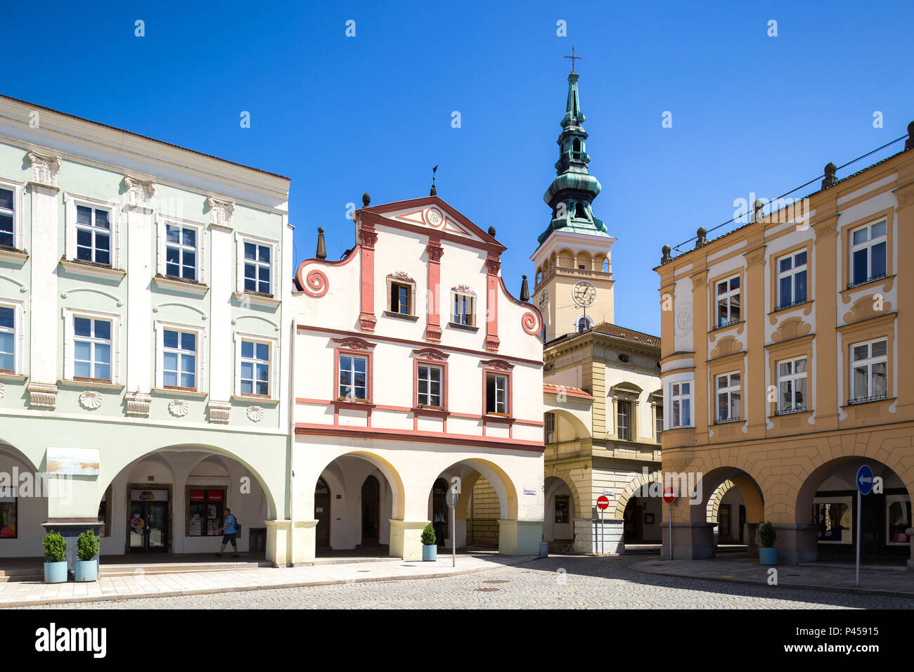 06 May 2018, Novy Jicin, Czech Republic. Old market square in Novy Jicin with Church of the Assumption of the Virgin Mary Stock Photo