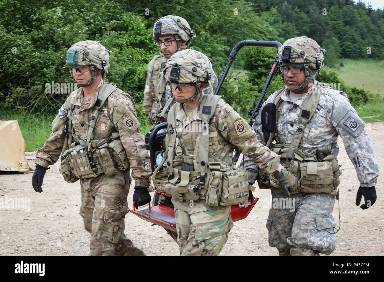 U S Soldiers Of Bravo Company 127th Brigade Engineer Battalion 82nd Airborne Division Transport A Compactor While Conducting Quick Airstrip Repair Scenario During Swift Response 16 Training Exercise At The Hohenfels Training Area