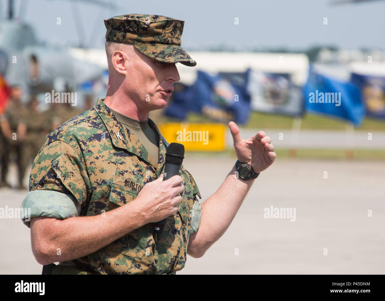 U.S. Marine Corps Col. Russell Burton, commanding officer, Marine Corps Air  Station (MCAS) New River, gives his remarks during the MCAS New River  change of command, N.C., June 23, 2016. The change