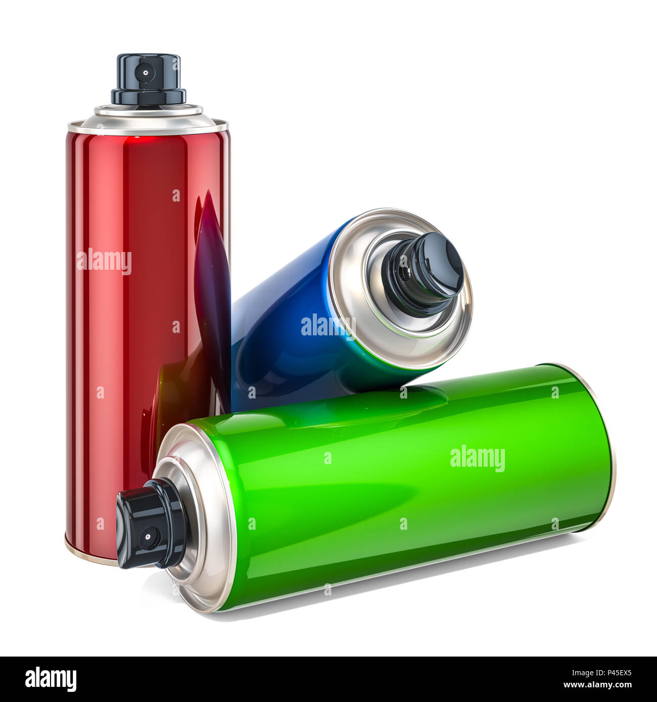 Colored spray paint cans. 3D rendering isolated on white background