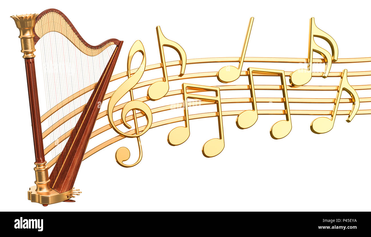 Musical concept. Harp with music notes, 3d rendering isolated on white