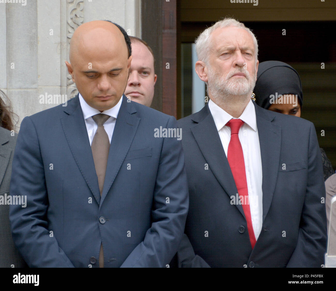 Photo Must Be Credited ©Alpha Press 066465 19/06/2018 Sajid Javid and Jeremy Corbyn at the Finsbury Park Terrorist Attack 1st Anniversary Minutes Silence held at Islington Town Hall in London. Stock Photo