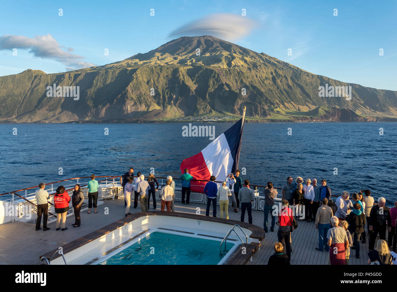 Le Lyrial departing Edinburgh of the Seven Seas, Tristan da Cunha, British Overseas Territories, South Atlantic Ocean Stock Photo