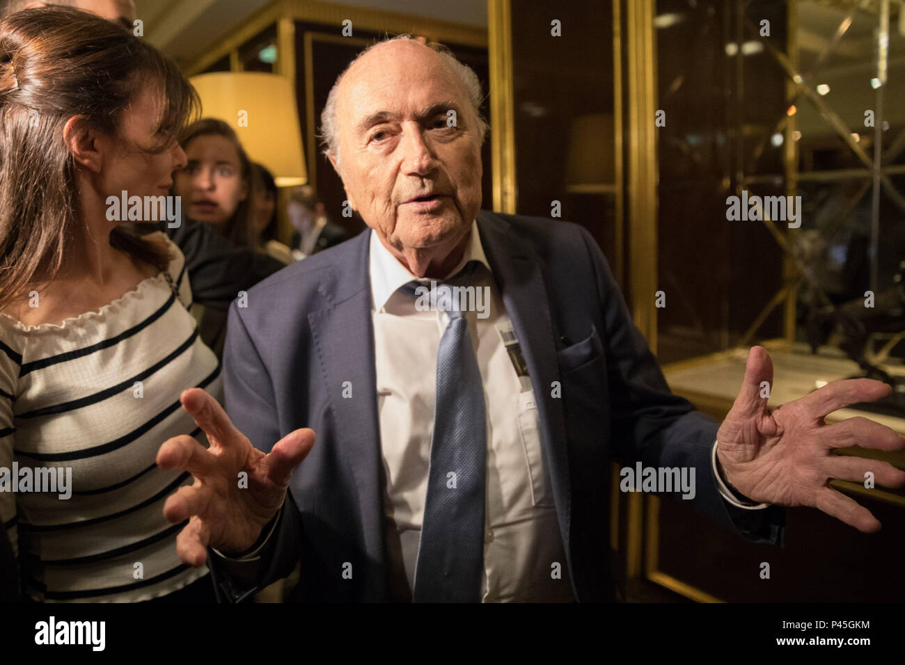 Former FIFA president Joseph 'Sepp' Blatter arrives at The St Regis Hotel in Moscow. Stock Photo