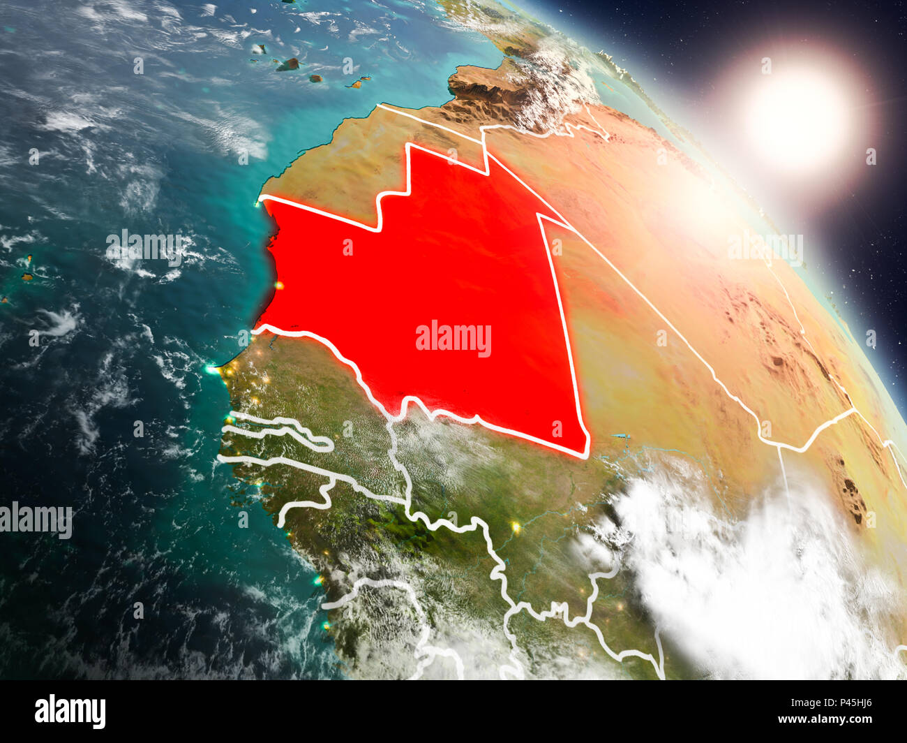Sunset above Mauritania from space on planet Earth with visible country ...