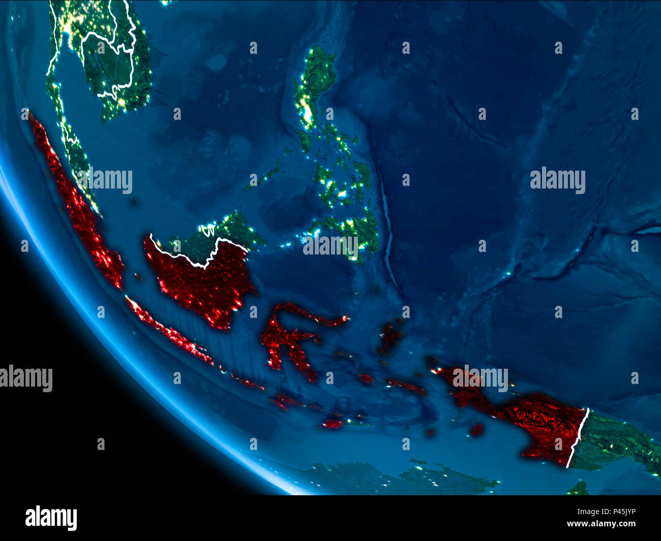 Map of Indonesia in red as seen from space on planet Earth at night with white borderlines and city lights. 3D illustration. Elements of this image fu Stock Photo