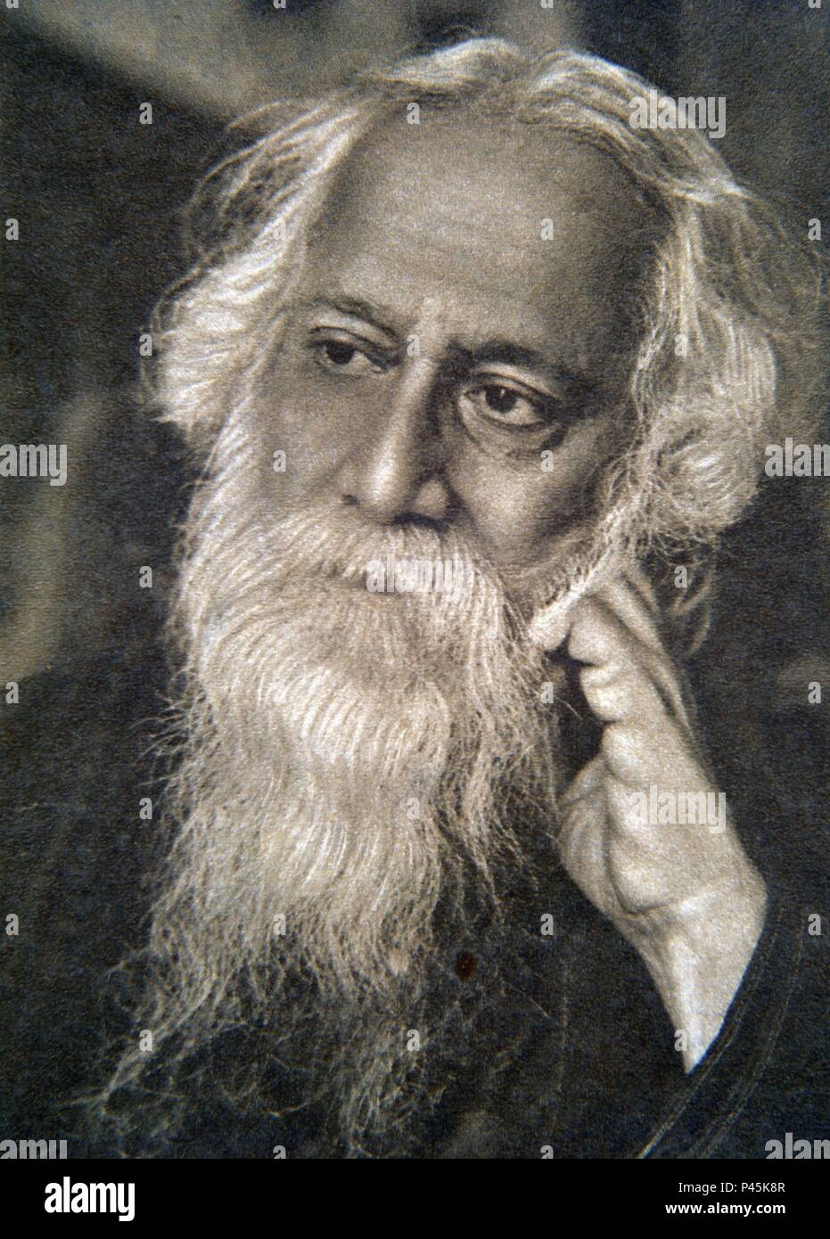 Portrait of the Indian writer and philosopher Rabindranath Tagore (1861-1941). He won the Nobel Prize in Literature in 1913. Stock Photo