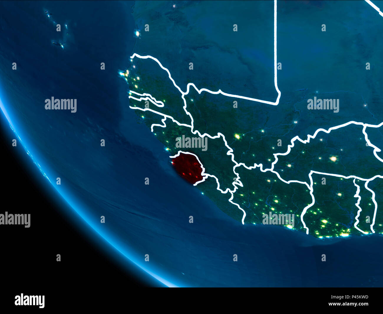 Map of Sierra Leone in red as seen from space on planet Earth at night ...