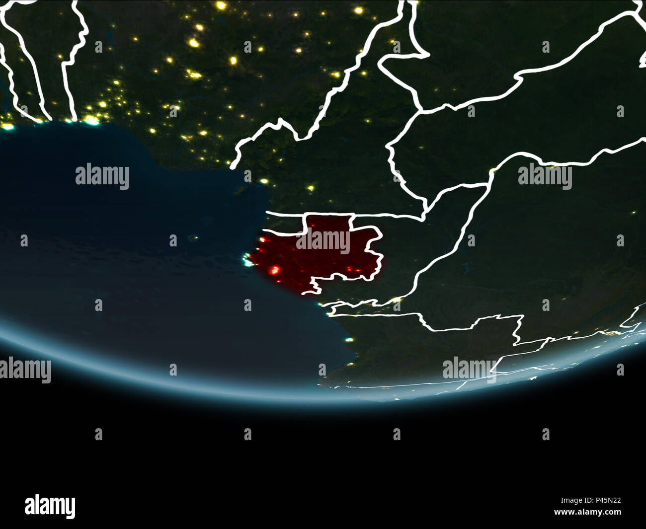 Gabon highlighted in red on planet Earth at night with visible borders ...