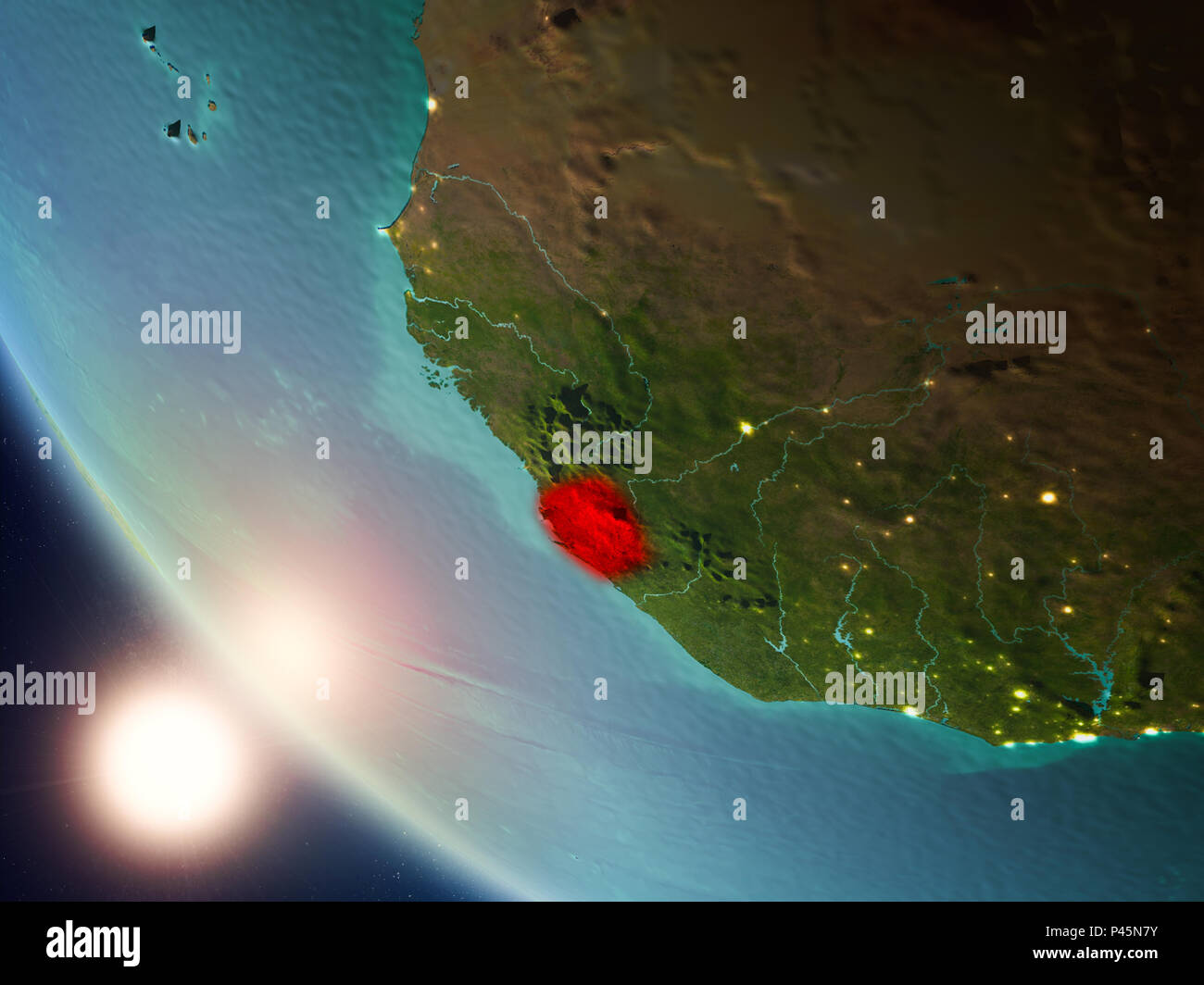 Satellite view of Sierra Leone highlighted in red on planet Earth with ...