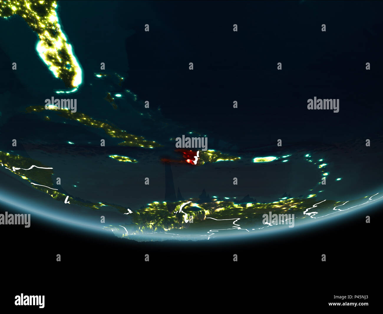 Haiti highlighted in red on planet Earth at night with visible borders ...