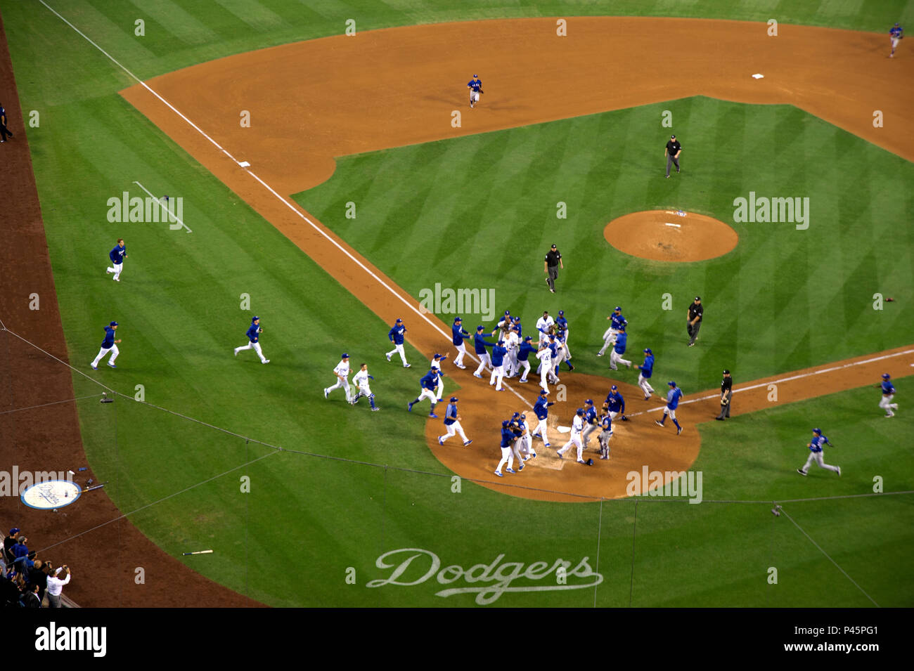 A fight erupts during Dodgers game at Dodger Stadium in Los Angeles,CA Stock Photo