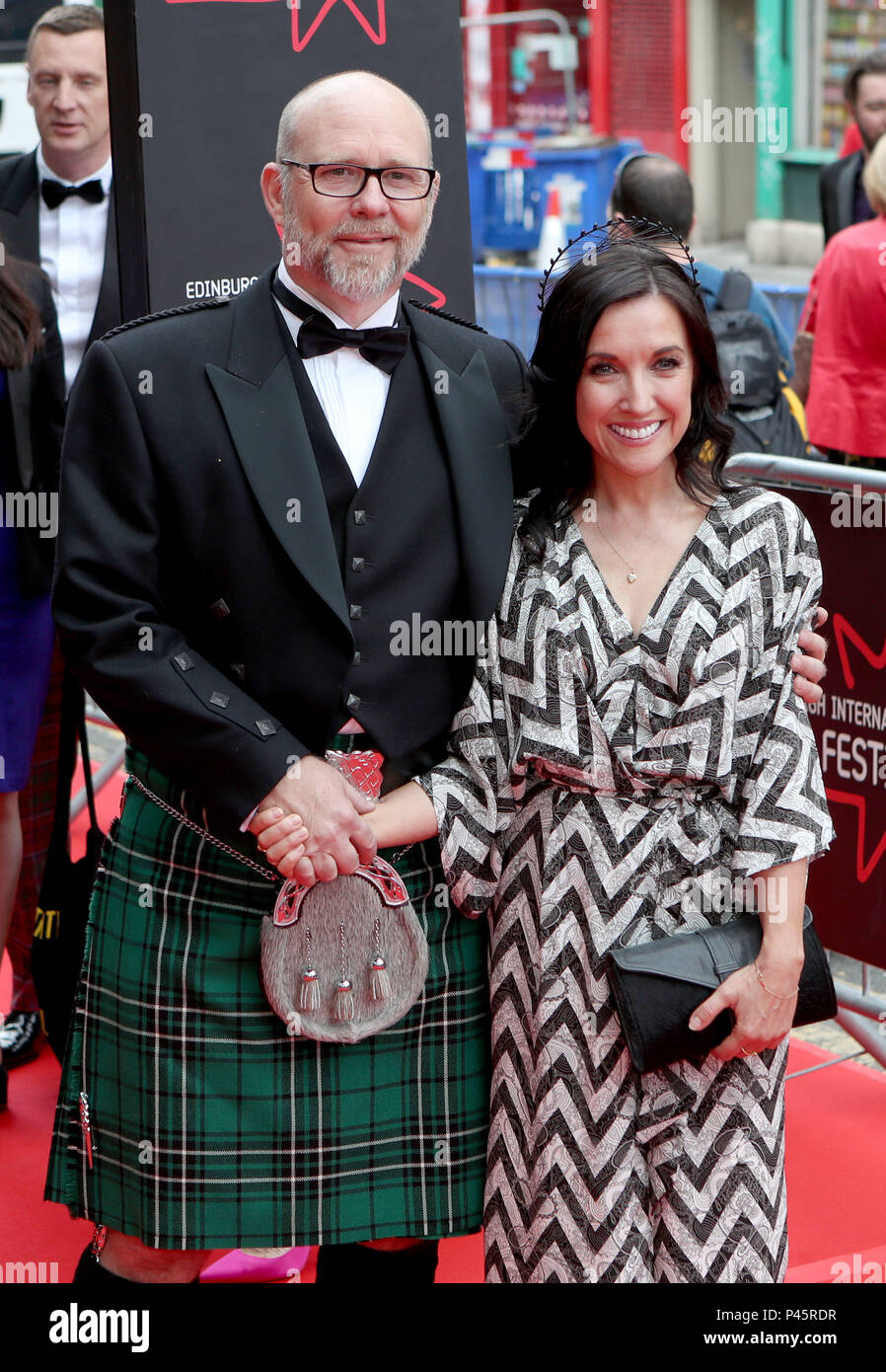Actor Jason Connery with wife Fiona arrive on the red carpet at the  Festival Theatre, Edinburgh, for the premiere of Puzzle on the opening  night of the 2018 Edinburgh International Film Festival