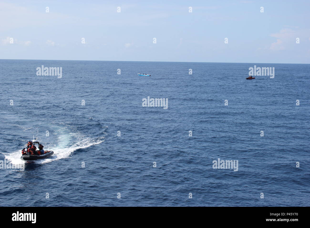 Cutter Alert deployed two law enforcement teams to purse a go-fast vessel and retrieve jettisoned bales of cocaine during its 53-day counter-drug patrol that spanned 12,500 miles in the Eastern Pacific. These counter-drug interdictions in the Western Hemisphere Transit Zone off the coasts of South and Central America, were carried out in support of Operation Martillo, an international operation focused on sharing information and bringing together air, land, and maritime assets from the U.S. Department of Defense, the Department of Homeland Security, and Western Hemisphere and European partner  Stock Photo