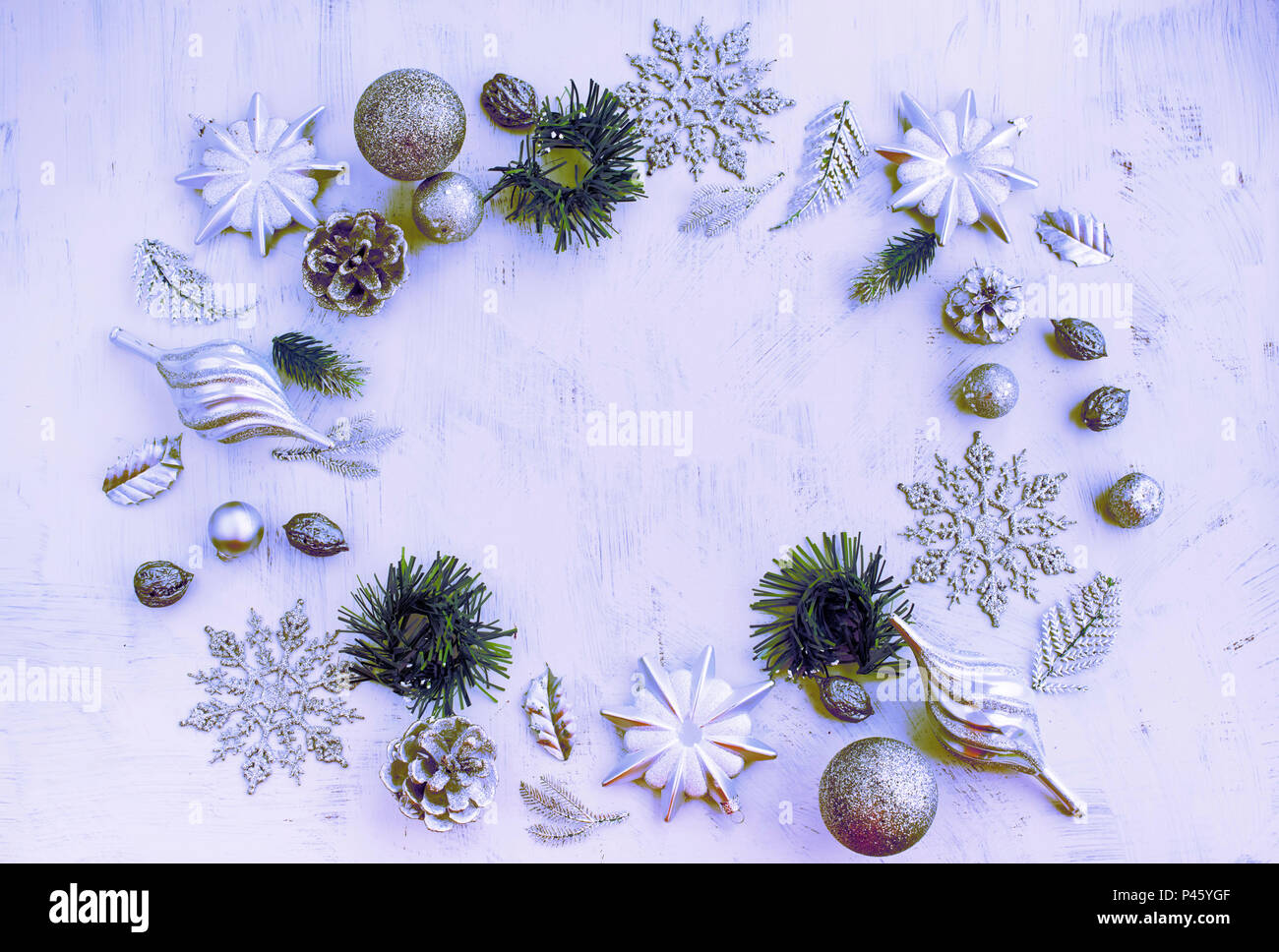 Christmas decorative composition of toys on a white background surrealism. Top view Flat Lay Stock Photo