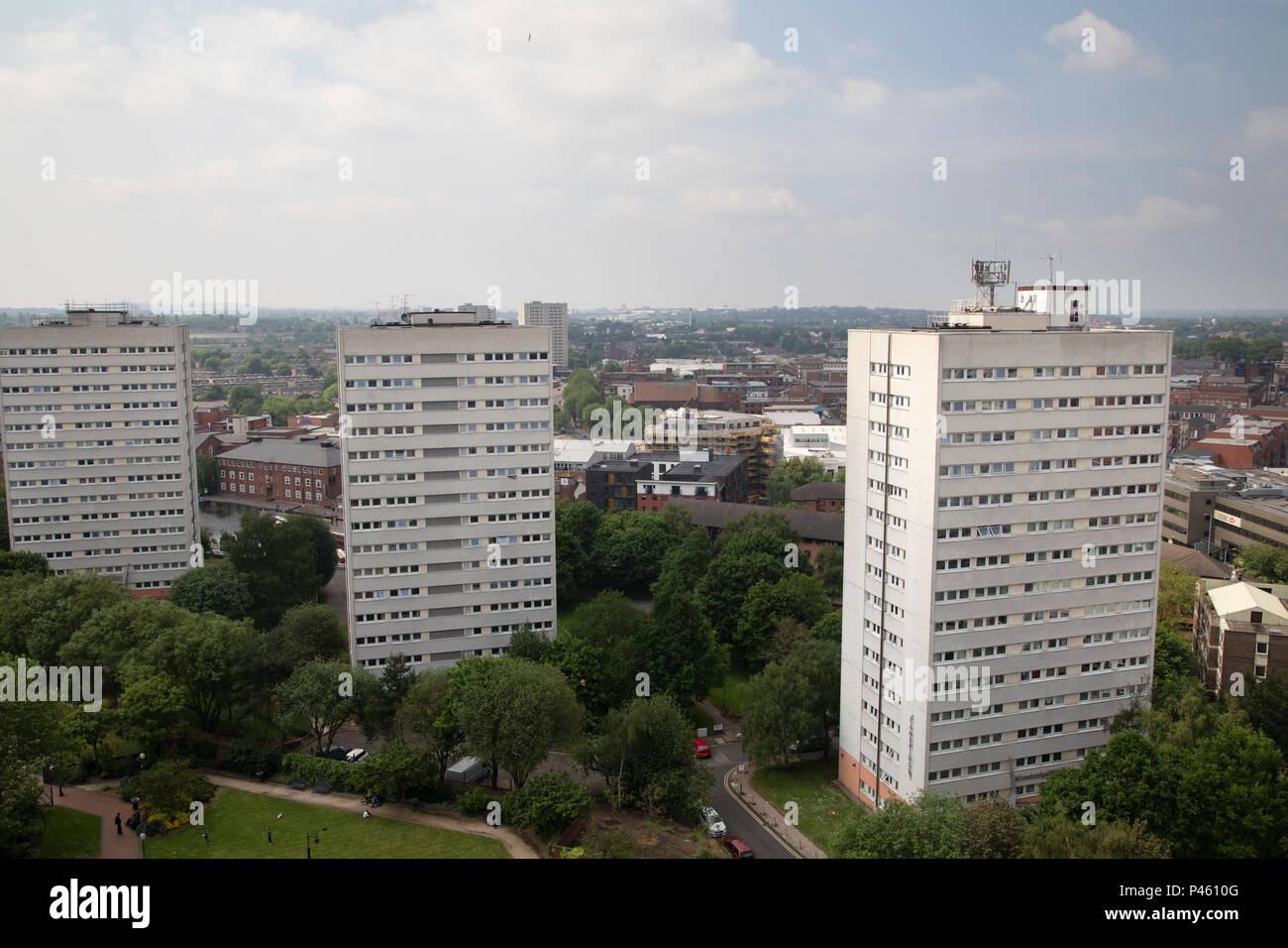 Tower blocks of flats of the Civic Centre Estate in central Birmingham,  United Kingdom. The Civic Centre is a collection of four tower blocks in  Birmingham city centre, behind The Rep theatre.