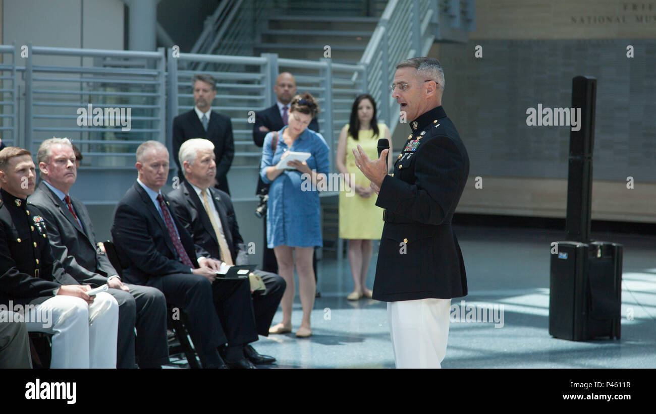 Brig. Gen. Christopher J. Mahoney speaks to an audience during the Diplomatic Security Service Centennial ceremony at the National Museum of the Marine Corps in Triangle, Virginia, June 29, 2016. Originally called the Bureau of Secret Intelligence, the DSS is the security section of the Department of State that takes charge of U.S. law enforcement abroad in dealings with U.S. diplomacy and foreign dignitaries. Mahoney is the director of Strategy and Plans Division, Plans, Policies and Operations, Headquarters Marine Corps. Stock Photo