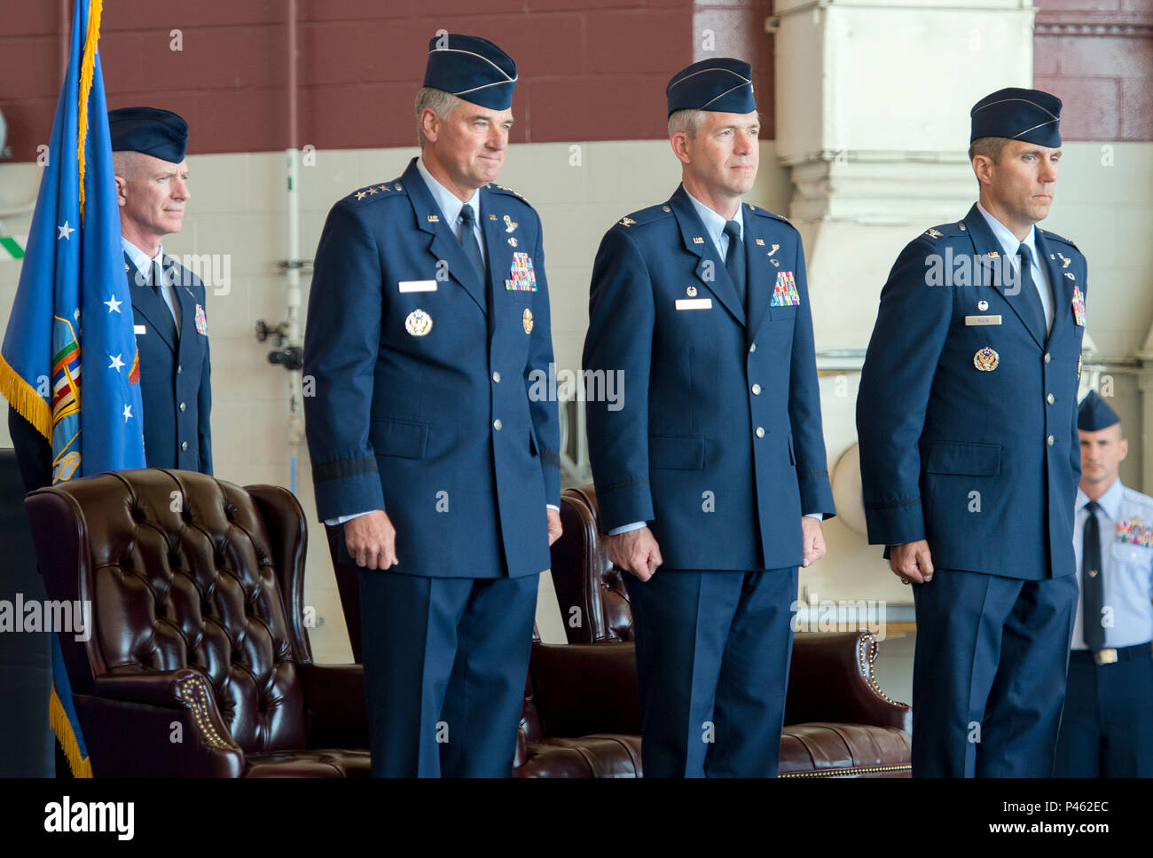 Lt. Gen. Samuel D. Cox, Commander, 18th Air Force, Scott Air Force Base,  commander, 60th Air Mobility Wing commander, Colonel Joel D. Jackson,  (center) and incoming commander, Col. John M. Klein Jr.,