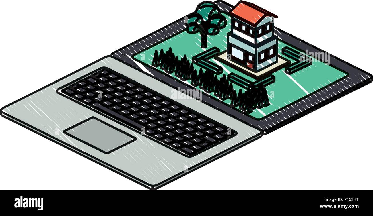 computer laptop and building scene isometric icon Stock Vector Image ...