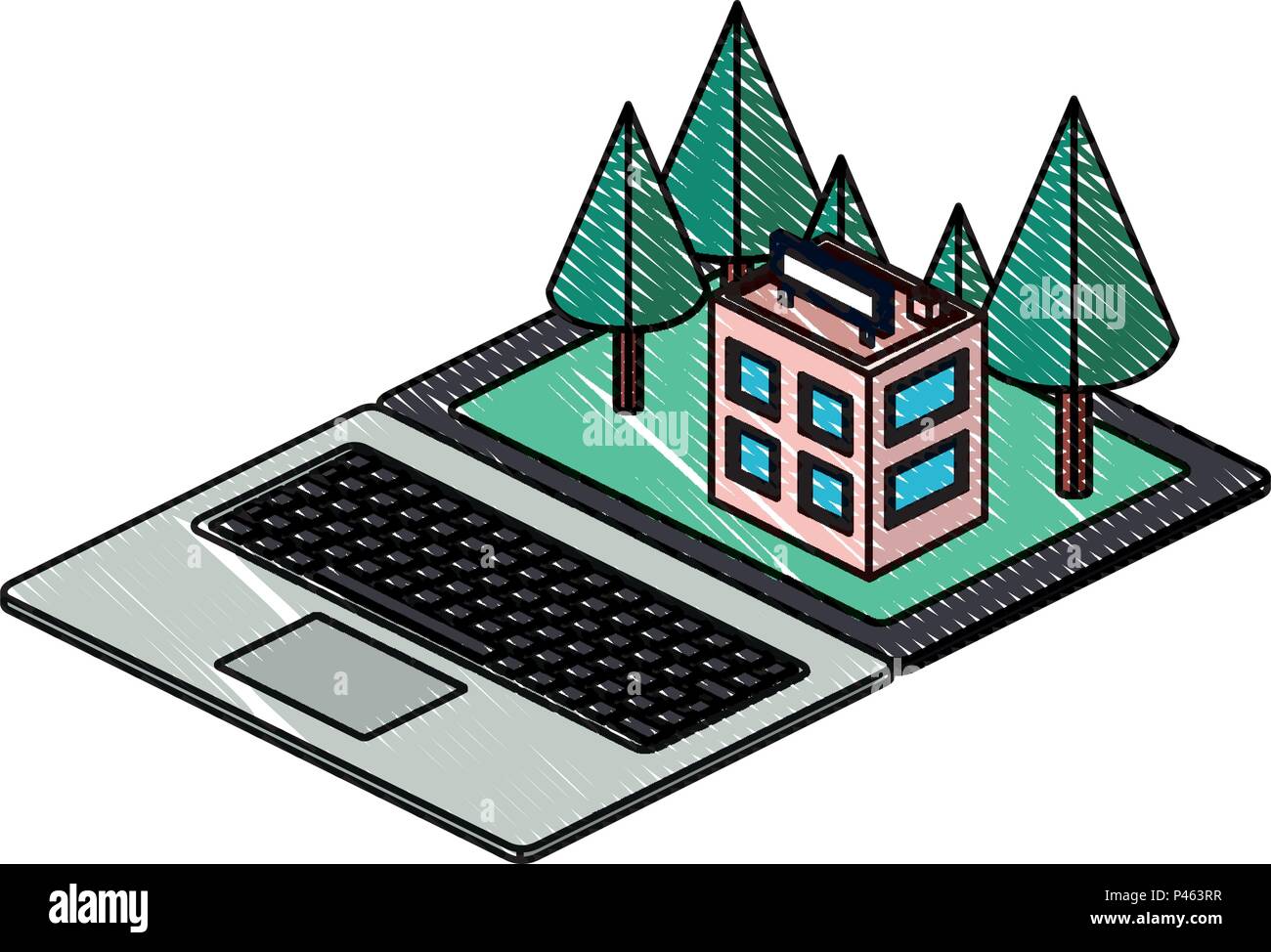 computer laptop and building scene isometric icon Stock Vector Image ...