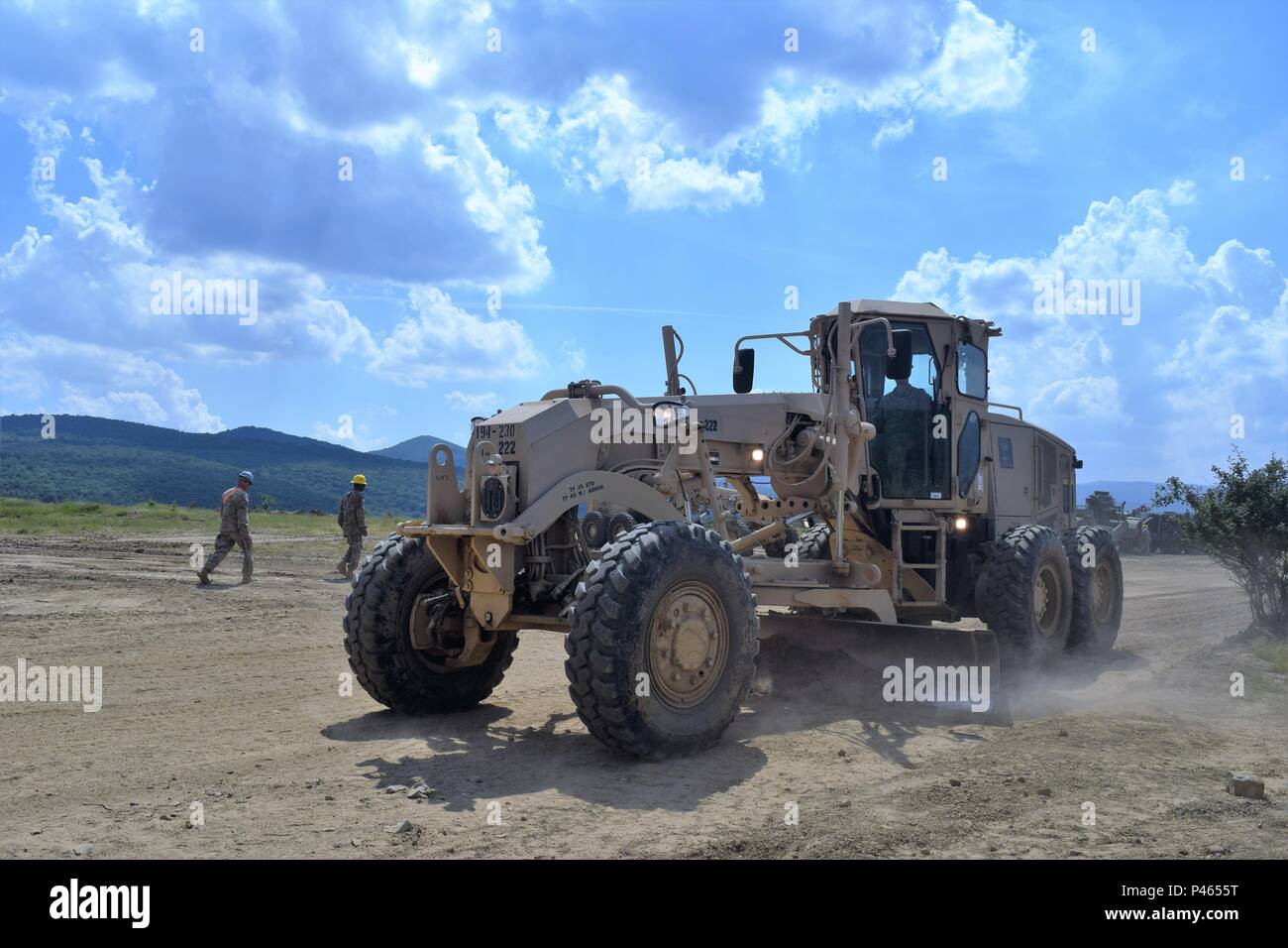 U.S. Army engineers with the 858th Horizontal Engineer Company, 223rd Engineer Battalion, 168th Engineer Brigade, Mississippi Army National Guard use heavy construction equipment to construct an ammunition holding area on June 12, 2016 during Operation Resolute Castle at Novo Selo Training Area, Bulgaria.  Once complete, the ammunition holding area will allow larger units to conduct training operations in Bulgaria.  During Resolute Castle, Engineer Brigades from both the Mississippi and Tennessee Army National Guard are teaming up to improve military infrastructure in Bulgaria as part of Unite Stock Photo