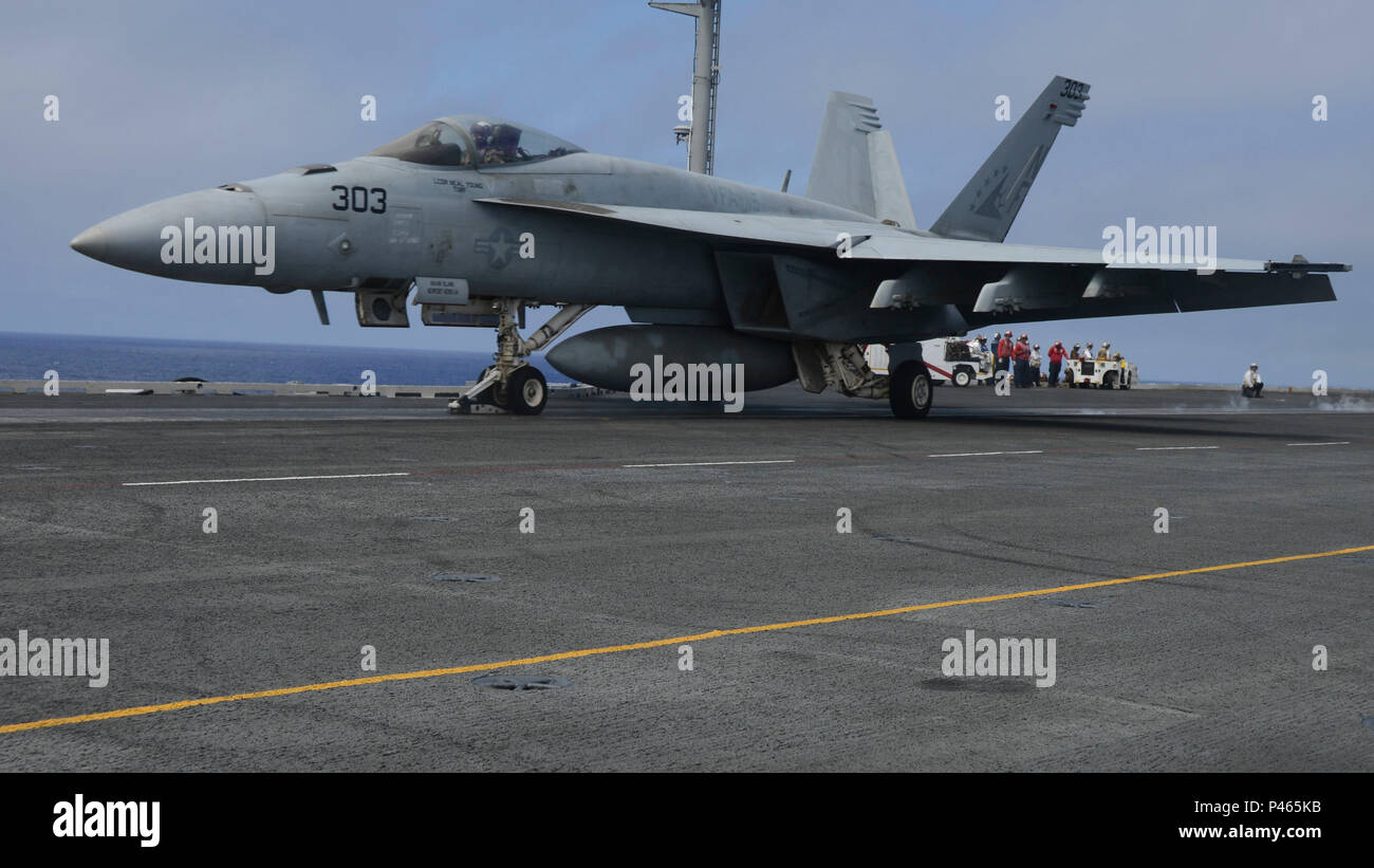 160618-N-YD641-331 PHILIPPINE SEA (June 18, 2016) An F/A-18E Super Hornet from the “Dambusters” of Strike Fighter Squadron (VFA) 195 launches from the flight deck of the Navy’s only forward-deployed aircraft carrier USS Ronald Reagan (CVN 76). The Nimitz-class Aircraft carriers USS John C. Stennis (CVN 74) and USS Ronald Reagan (CVN 76) conduct dual aircraft carrier strike group operations in the U.S. 7th Fleet area of operations in support of security and stability in the Indo-Asia-Pacific. The operations mark the U.S. Navy’s continued presence throughout the area of responsibility. (U.S. Nav Stock Photo