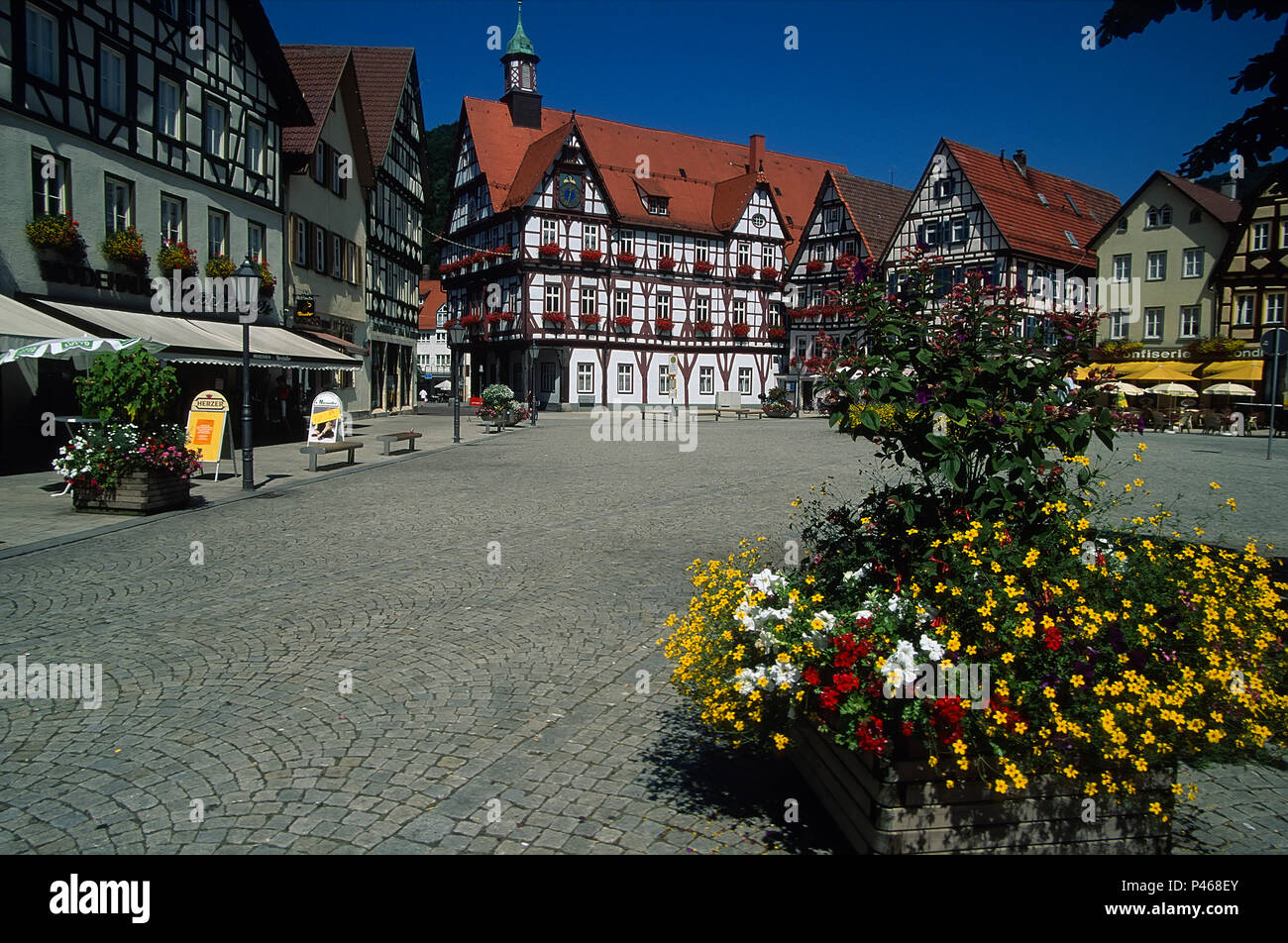 The market square and town hall of Bad Urach in Germany, in the Baden-Wurttemburg area Stock Photo